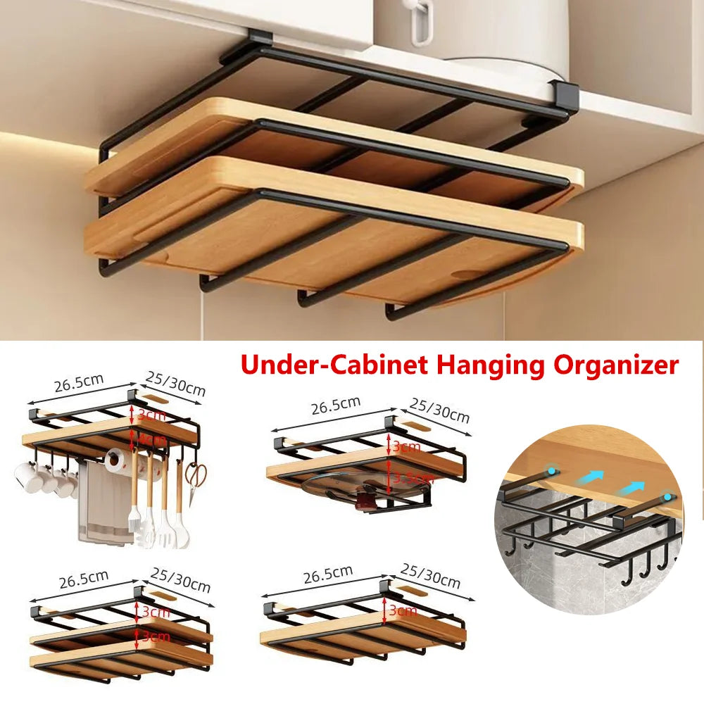 Kitchen Hanging Organizer Rack with Hooks Under Cupboard Paper Towel R ...